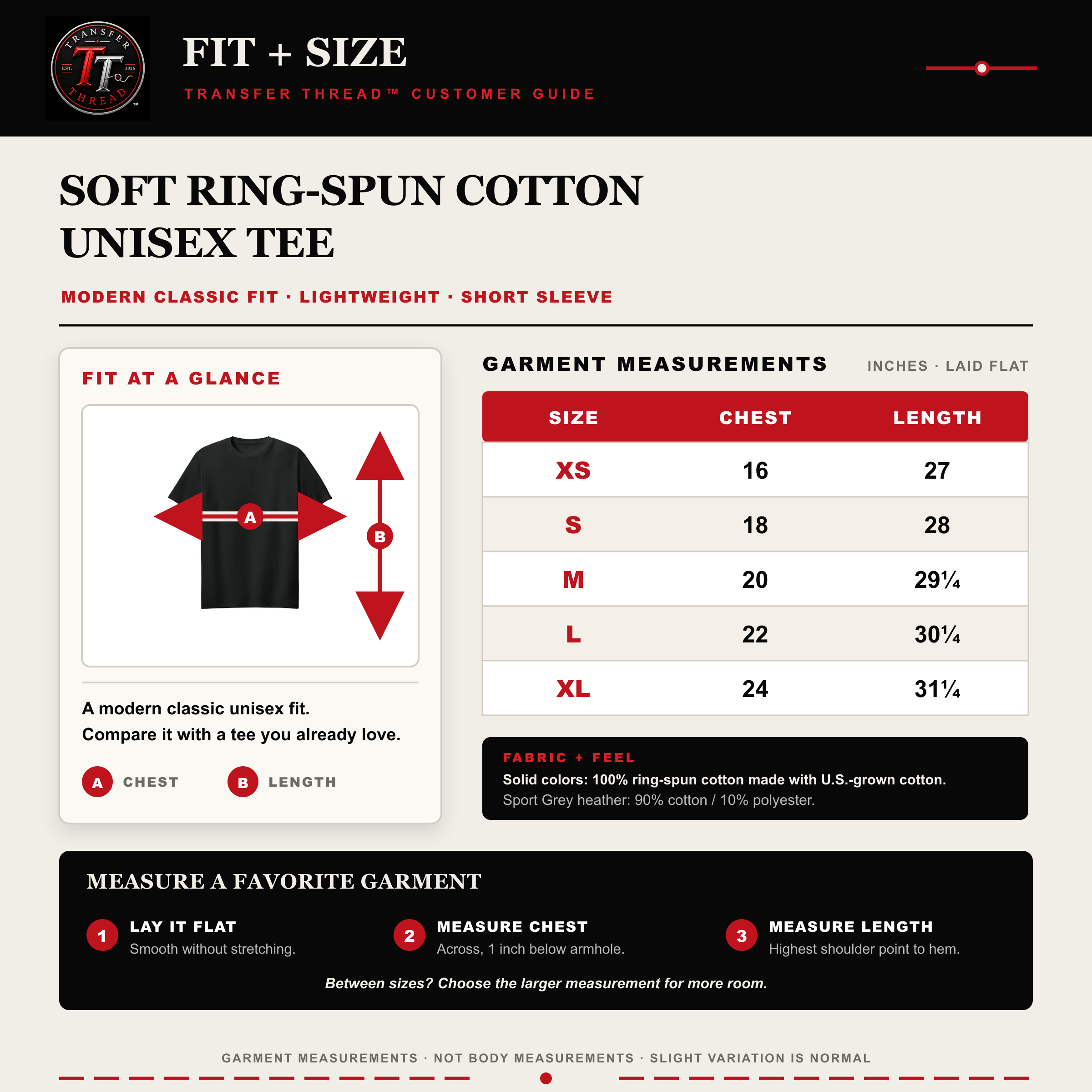 Transfer Thread unisex Softstyle tee fit and size guide from XS through XL