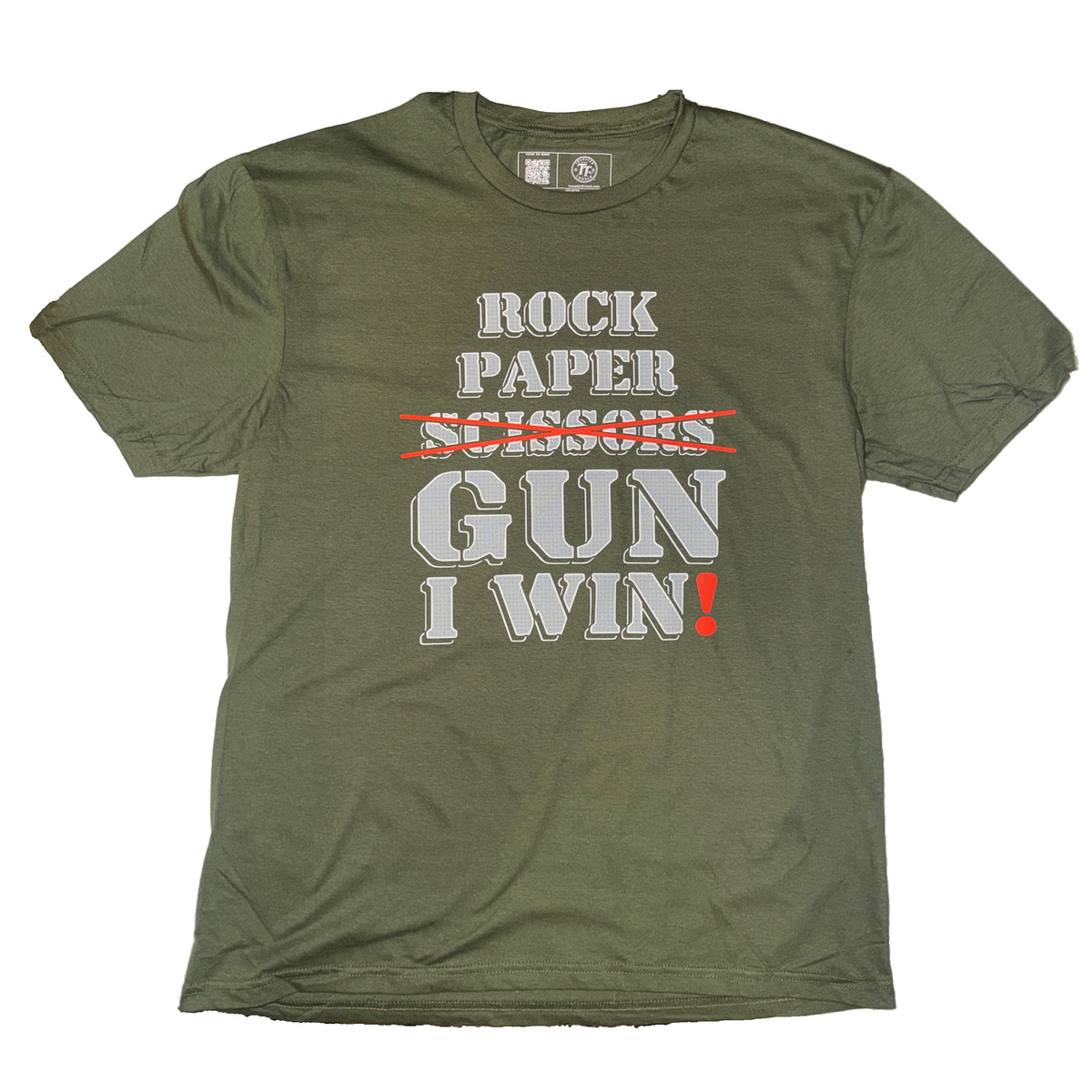 Digital garment preview of Rock Paper Scissors Gun I Win! representing Military Humor