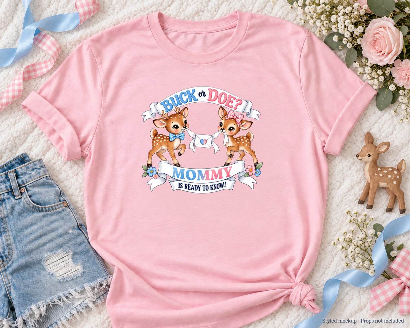 Styled mockup of a Light Pink Buck or Doe gender reveal shirt with MOMMY in blue-and-pink woodland lettering. Props not included.