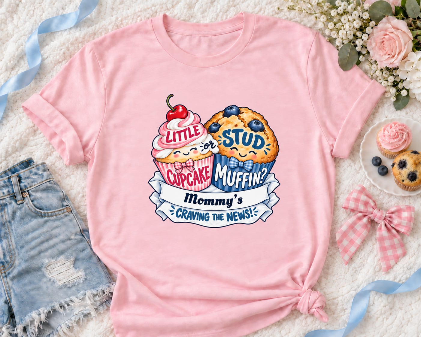 Styled mockup of a Light Pink personalized Cupcake or Stud Muffin shirt with Mommy’s name and coordinated pink-and-blue party accessories. Props not included.