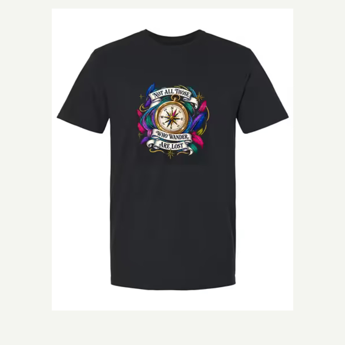 Digital garment preview of Not All Those Who Wander Are Lost - Compass and Feathers representing Compass & Travel