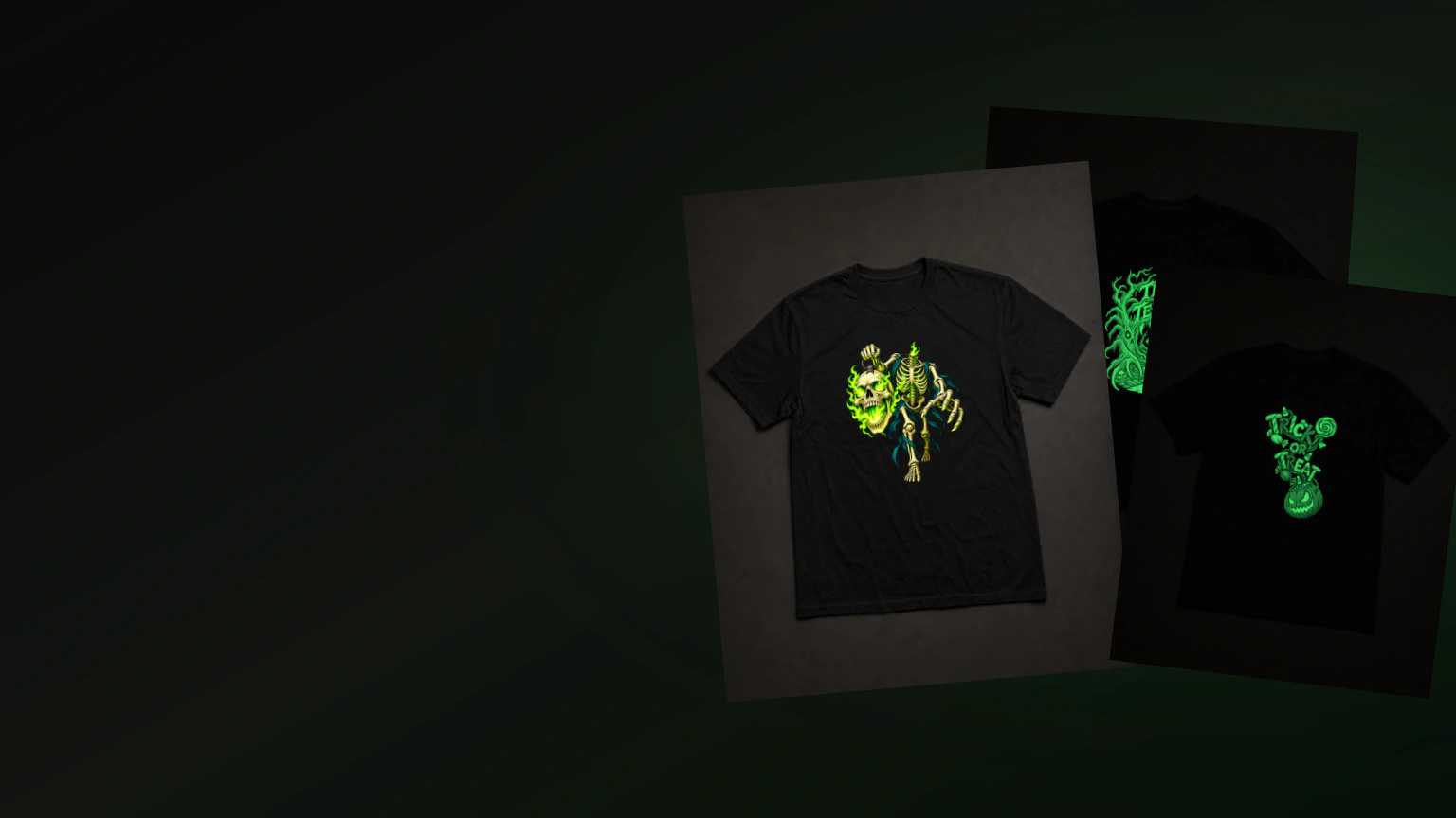 Studio montage of the Transfer Thread glow-in-the-dark Halloween collection on black shirts, shown in lit and freshly charged states
