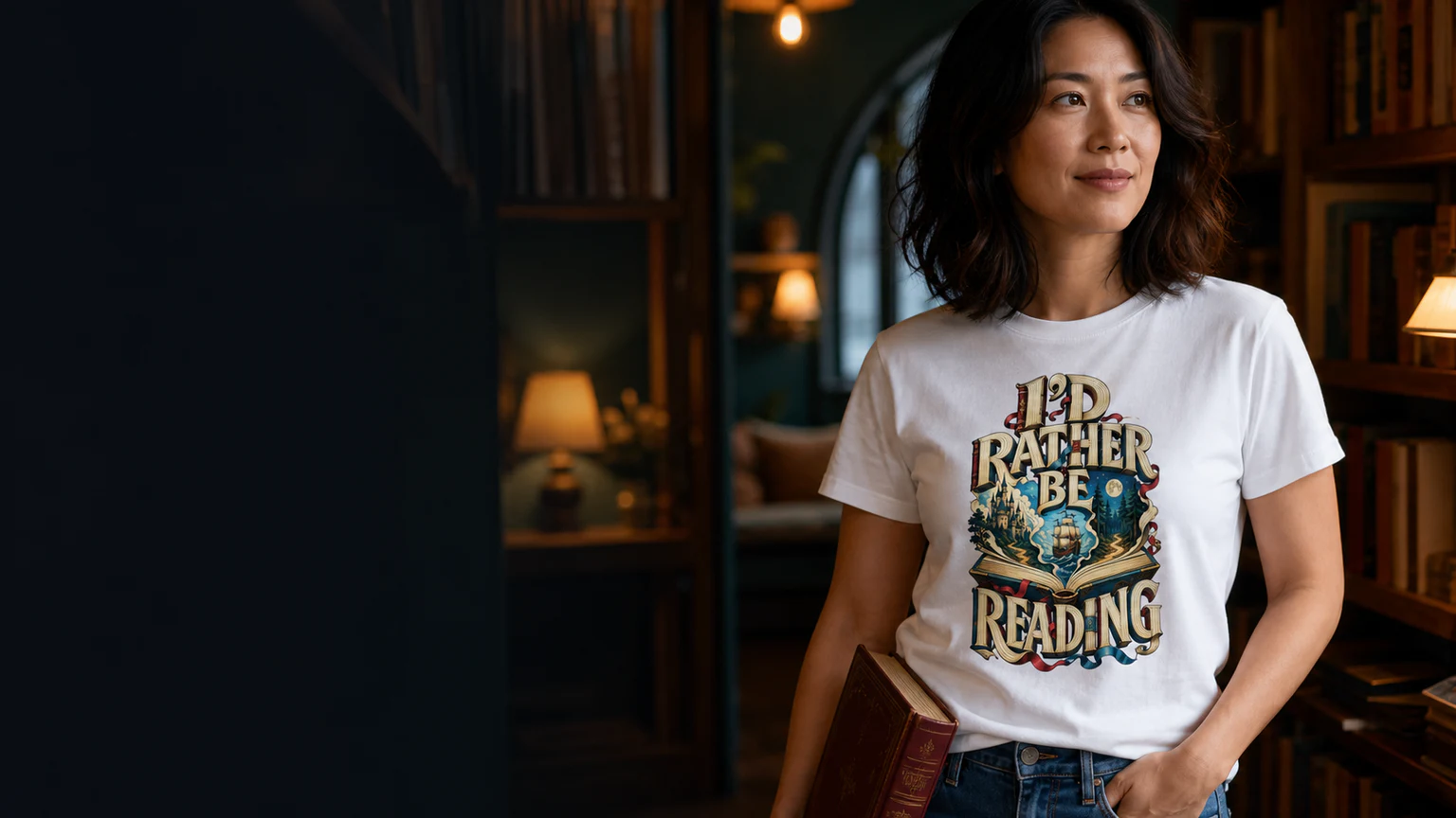 Warm independent-bookshop scene with a woman wearing the Transfer Thread I'd Rather Be Reading design