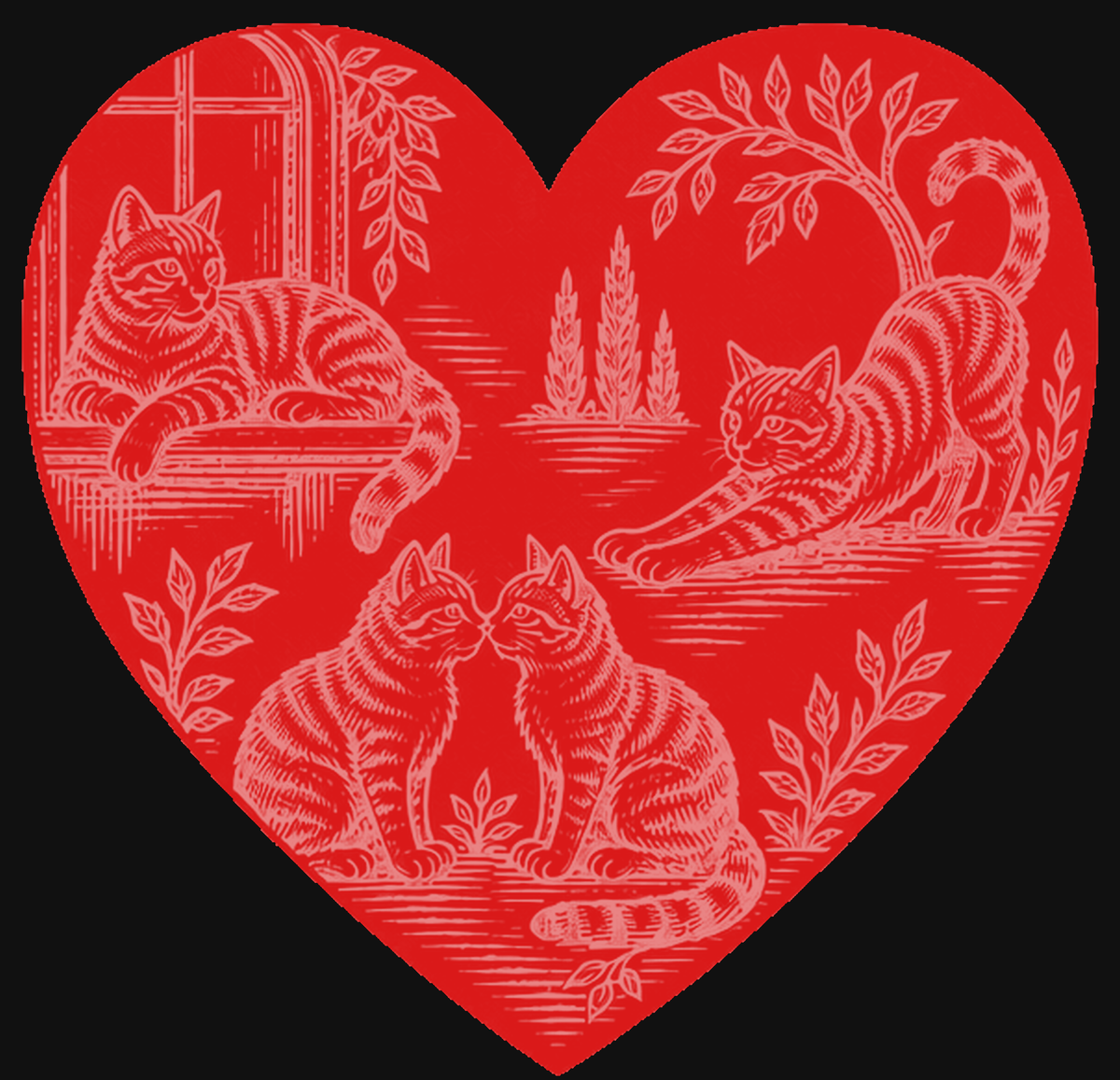 Close-up of the I Heart Cats toile heart showing four engraved cat scenes among leaves and architectural details