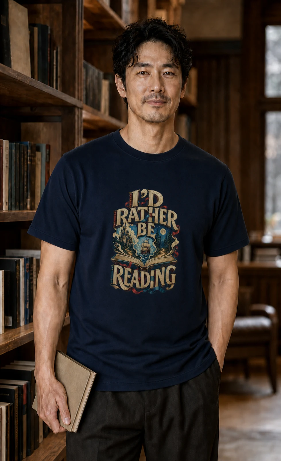 Digital lifestyle portrait featuring the I'd Rather Be Reading design